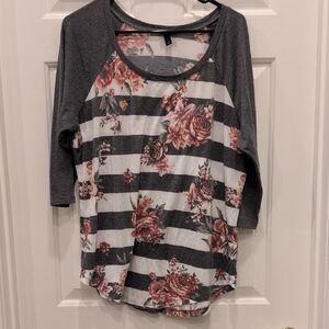 Torrid Gray Floral Striped Long Sleeve Top
